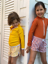 Load image into Gallery viewer, Kids Yellow Stripe Board Shorts UPF 50+
